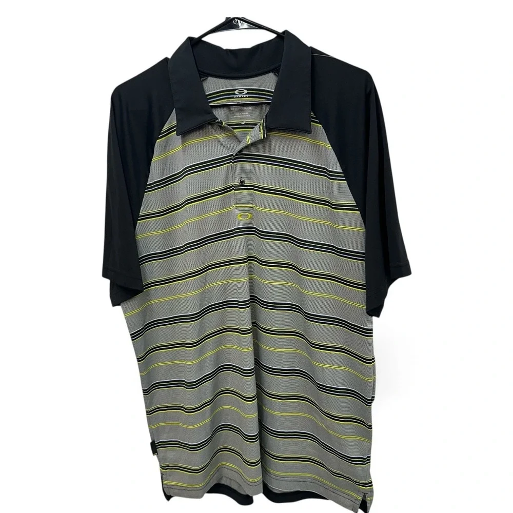 Oakley‎ Polo Shirt Mens XL Gray Yellow White Striped Short Sleeve Golf